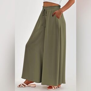Wide Leg Palazzo Pants High Waisted Flowy Beachy Boho. Army Green XXL